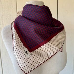 Vtg 80s YSL Red Print Silk Scarf Logo Deadstock 27” Yves Saint Laurent NWT